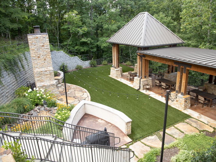 Outdoor fireplace and covered patio at SmoothRock conference center