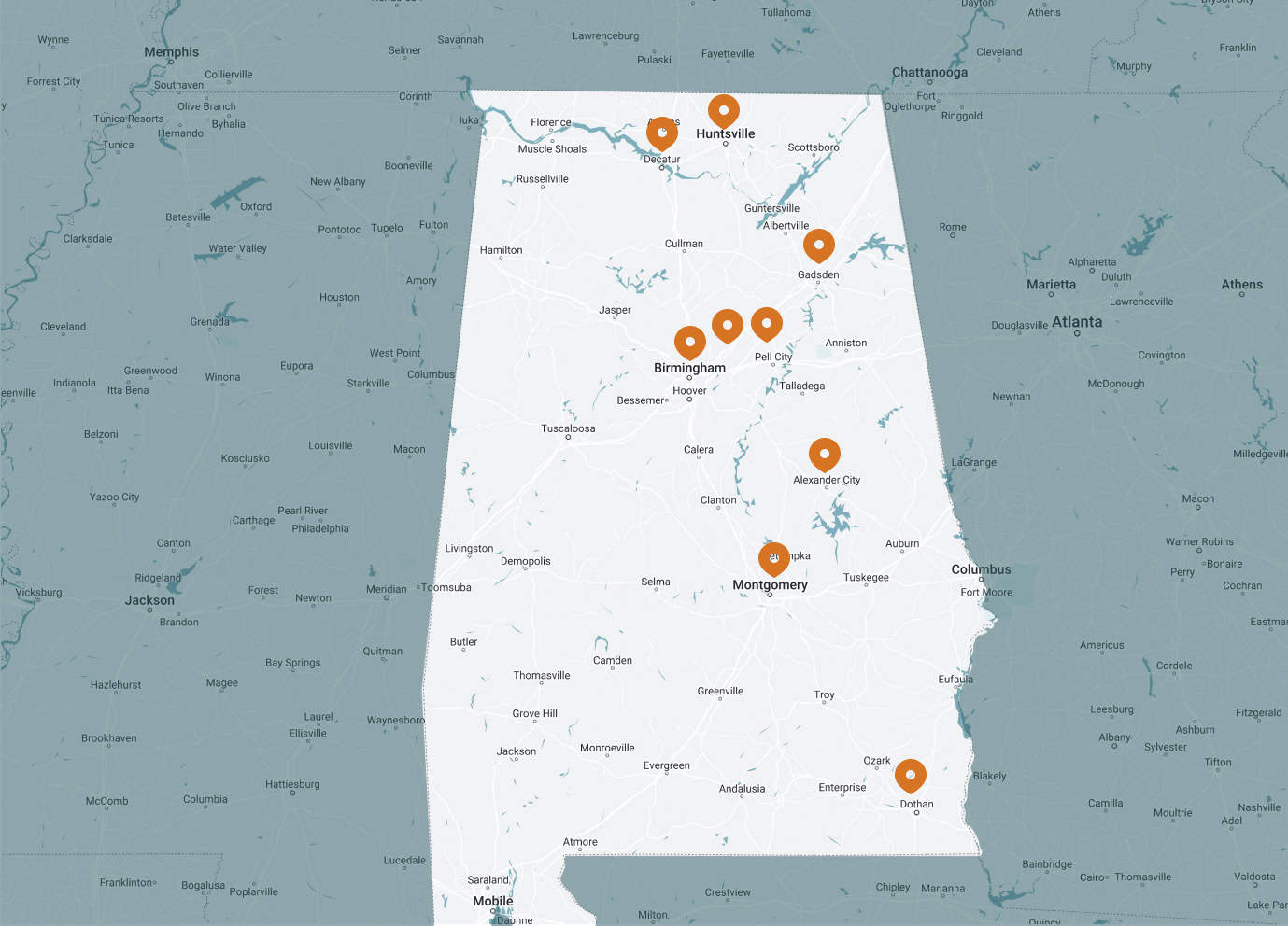 Map of Alabama with Surgical Dermatology Group locations marked