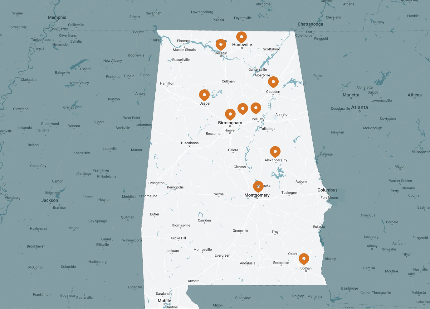 Map showing locations of Surgical Dermatology Group offices in Alabama